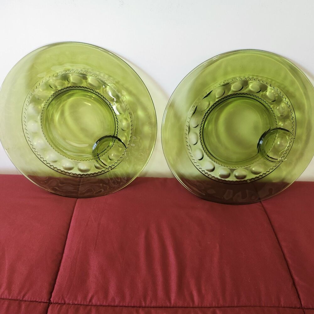 Vintage Indiana Glass Kings Crown Avocado Green Snack Plates Set 4 MCM 10"